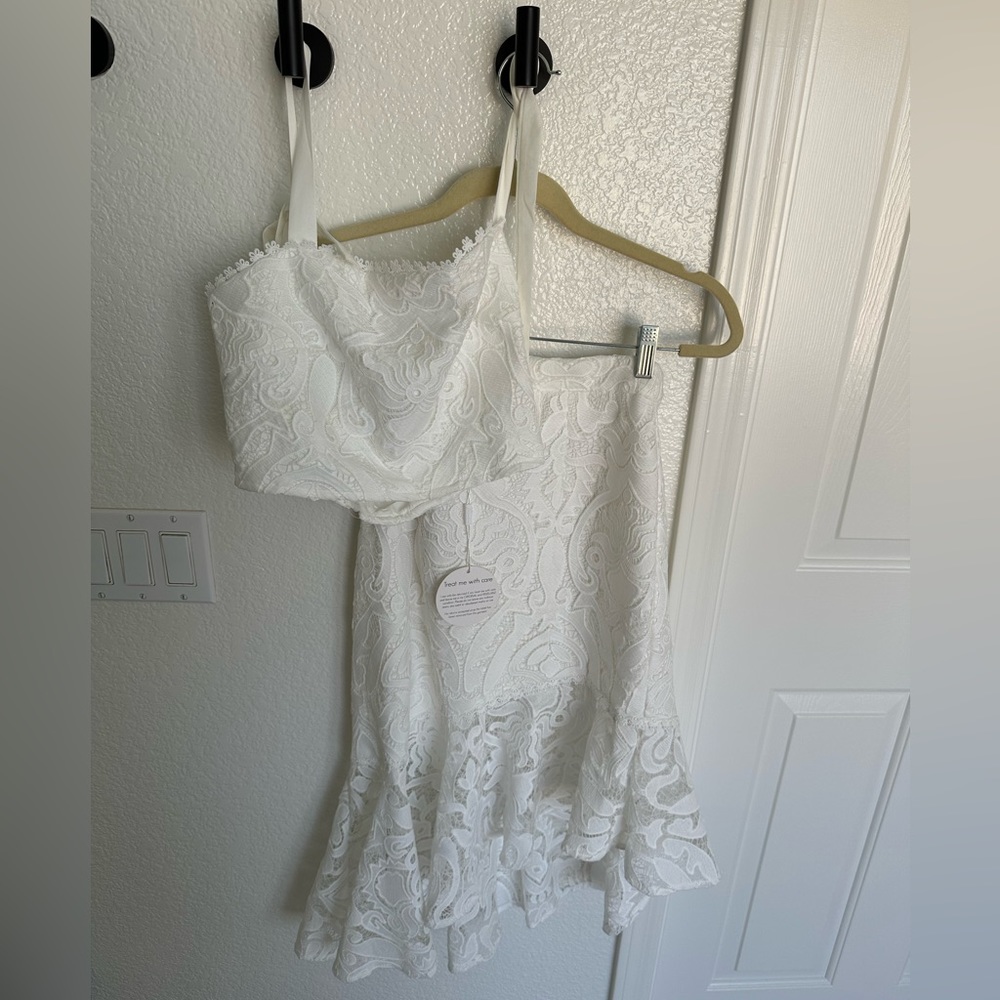 Jaus. White crop top/ midi skirt matching set